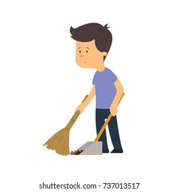 the boy sweeps the floor with a broom. vector illustration isolated on white background.