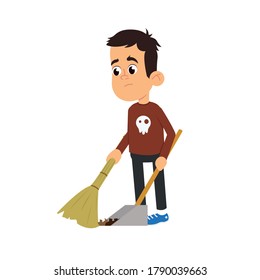 boy sweeps the floor isolated on white background. vector illustration