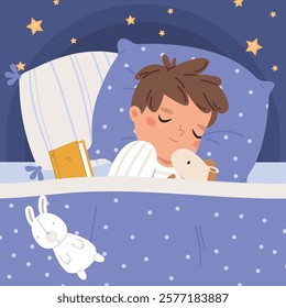 Boy sweet dreams. Baby nap time, child sleep with book and plush toys. Good night time rest in cozy bed. Toddler sleeping well, vector scene