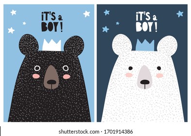 It's a Boy. Sweet Infantile Style Nursery Art with Funny Polar and Black Bears. Cute Baby Shower Vector Illustration for Card, Invitation, Wall Art, Baby Boy Party Decoration. Bear King.