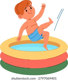 Boy in swim trunk leaps into inflatable kiddie pool, splashing with raised hand, bent knee in cartoon style. Fun, childhood joy, summer leisure, water play, carefree mood. Cartoon vector illustration.