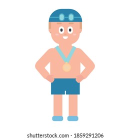Boy swimmer with medal. Children's sports. Flat vector illustration
