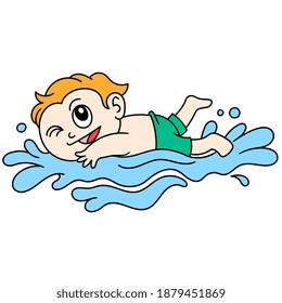 boy is swimming, doodle icon image. cartoon caharacter cute doodle draw