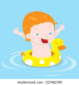 Boy swimming with inflatable rubber duck vector stock