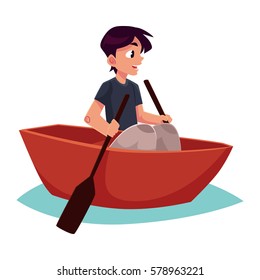 Boy swimming in little boat, kayak, summer vacation concept, cartoon vector illustration isolated on white background. Little boy swimming in river, pond in small boat
