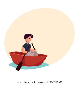 Boy swimming in little boat, kayak, summer vacation concept, cartoon vector illustration with place for text. Little boy swimming in river, pond in small boat