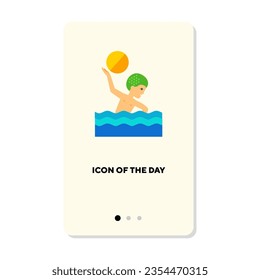 Niño nadando y jugando con un icono plano de bola. Señal aislada de waterpolo. Los deportes náuticos y el concepto de náutica. Elementos de símbolo de ilustración vectorial para diseño web y aplicaciones