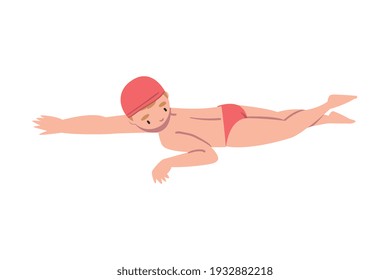 Boy Swimming in Pool, Cute Kid Swimmer Character Vestido Red Swimwear Training en clase Natación, Estilo de vida saludable, Actividades acuáticas Concepto Estilo de caricatura Vector Ilustración