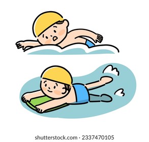 Boy in  swimming  in pool during swimming lesson.