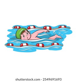 Niño nadando en la piscina en el casquillo verde, deporte, competición, objeto aislado en el fondo blanco, Ilustración vectorial, EPS