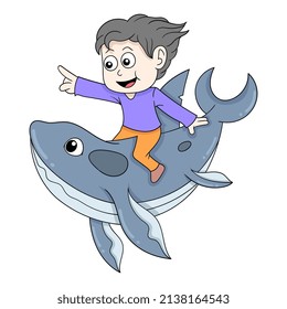 boy is swimming riding a whale in the ocean, vector illustration art. doodle icon image kawaii.