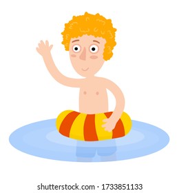 Boy with swimming ring. Element of summer vacation, sea and beach. Red hair Child learns to swim. Funny Boy play in water. Flat cartoon.