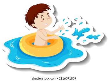 A boy with swimming ring in the water illustration