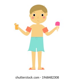 Boy in swimming trunks  with inflatable armbands is holding an orange juice and ice cream.