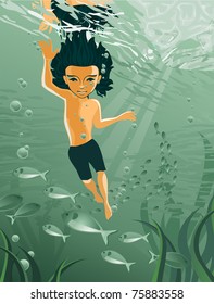 boy swimming under water