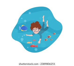 Niño nadando bajo el agua con peces, ilustración vectorial de dibujos planos. Niño con máscara, buceo y buceo con tubo rodeado de agua y animales marinos. Diseño infantil colorido y brillante, deportes acuáticos