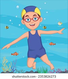 boy swimming underwater on white background