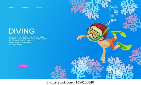 Boy swims in a mask and flippers under the water.  Diving WEB BANER