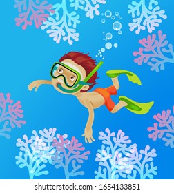 Boy swims in a mask and flippers under the water.  Diving WEB BANER