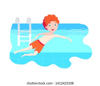 The boy swims in the pool. Swimming lessons for children. Sport and outdoor activities. Child swimmer