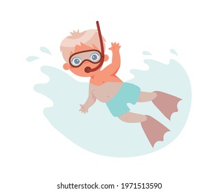 The boy swims in the sea with a mask and fins. Swimmer in the classroom in the pool. Ideas about a healthy lifestyle, sea vacations, sports, hobbies. Cartoon vector illustration isolated on white