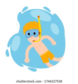 Boy swims under water with diving mask. Child and scuba gear. Element of fun by sea vacation. Cartoon flat illustration