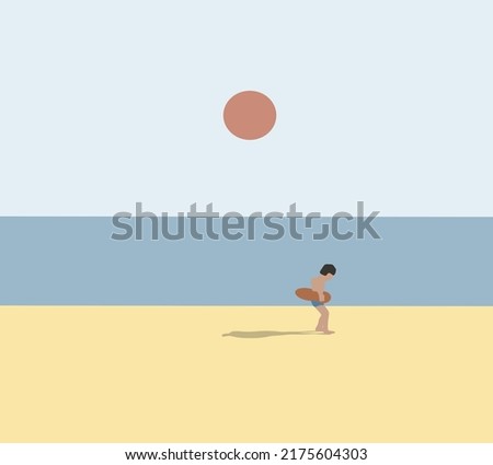Boy in swimsuit holding inflatable rubber ring having fun on the beach. Summer holidays activity.