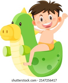 Boy in swimwear next to inflatable dinosaur illustration