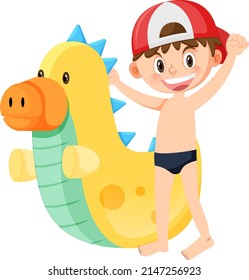 Boy in swimwear next to inflatable dinosaur illustration