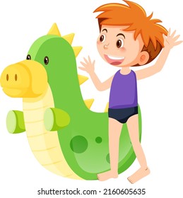 Boy in swimwear next to inflatable dinosaur illustration