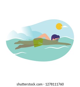 boy in swimwear is swimming in the pool/ sea, boy having summer vacation in the ocean