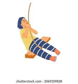 Boy Swinging On Homemade Bungee, Holding Tight To Rope In Flat Vector Illustration Isolated On White Background. Children Cartoon Character Smiling, Having Fun, Enjoying His Childhood