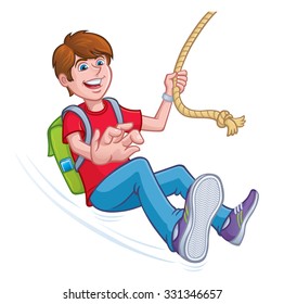 Boy Swinging On A Rope with Backpack