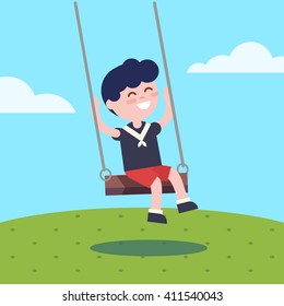 Boy Swinging On A Rope Swing. Modern Flat Vector Illustration Clipart.