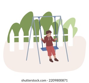 Boy swinging on the swing. Activity on the playground. Happy kid playing. Flat vector illustration.