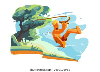 Boy Swinging Over Water. Vector illustration of boy swinging on a rope over water, full of excitement.