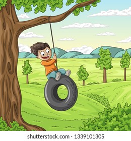 Boy is swining a wheel on a tree