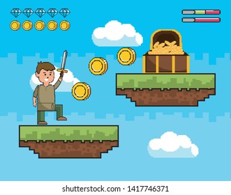 boy with sword and coins inside of coffer with life bars