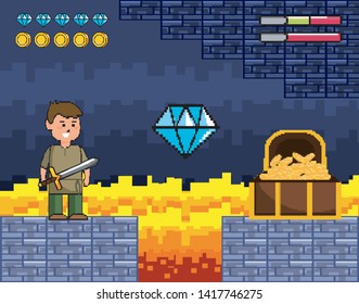 boy with sword and diamonds with coins bars and coffer
