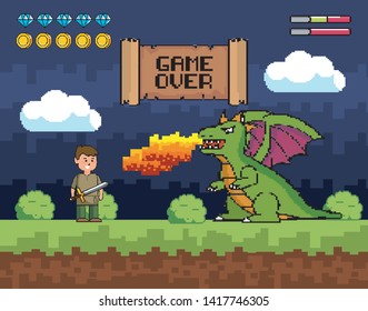 boy with sword and dragon spits fire with game over message