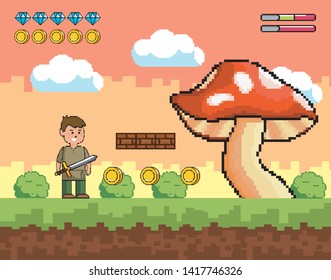 boy with sword and fungus with diamonds and coins bars