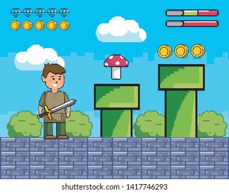 boy with sword and tubes with fungus and coins
