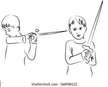 a boy with a sword, boy waving a toy sword. Vector illustration, pencil drawing on a theme - the game.