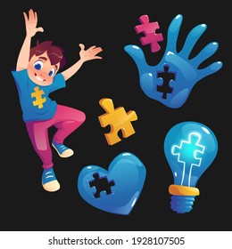 Boy And Symbols With Puzzle Pieces. Concept Of Autism, Mental Health Disease And Developmental Disorders. Vector Cartoon Set With Child, Hand, Heart And Light Bulb With Jigsaw Signs Isolated On Black