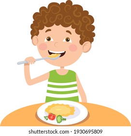 The boy at the table is having breakfast with porridge and vegetables.
Vector illustration in a flat style.
Suitable for web design, children's books, children's menu.
