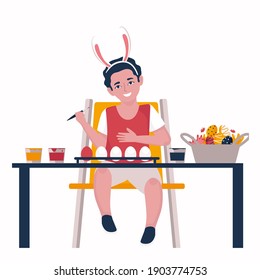 A boy at a table wearing bunny ears with paints and brushes painting Easter eggs. Cartoon style. 