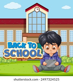 Boy with tablet in front of school