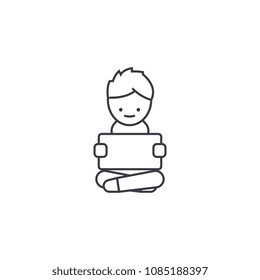 boy with a tablet  vector line icon, sign, illustration on background, editable strokes