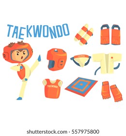 Boy Taekwondo Fighter, Kids Future Dream Professional Martial Arts Sportive Career Illustration With Related To Profession Objects. Smiling Child Carton Character With Sports Attributes Around