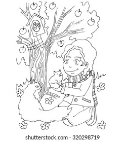 the boy to take care of animals  cartoon for coloring drawing isolated on the white background
